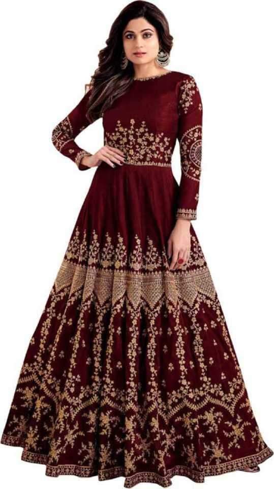 Embroidered Satin Blend Semi Stitched Anarkali Gown  (Maroon)