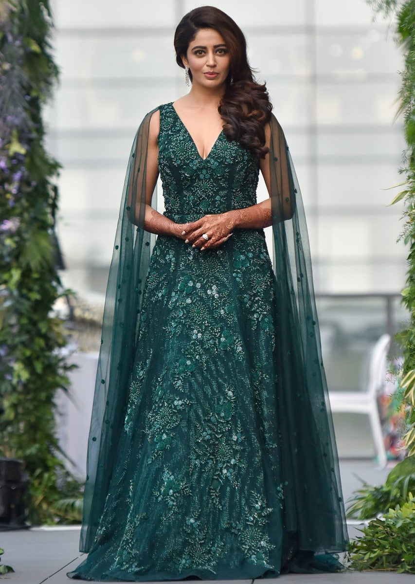 Bottle Green Gown With Attached Net Dupatta And Floral