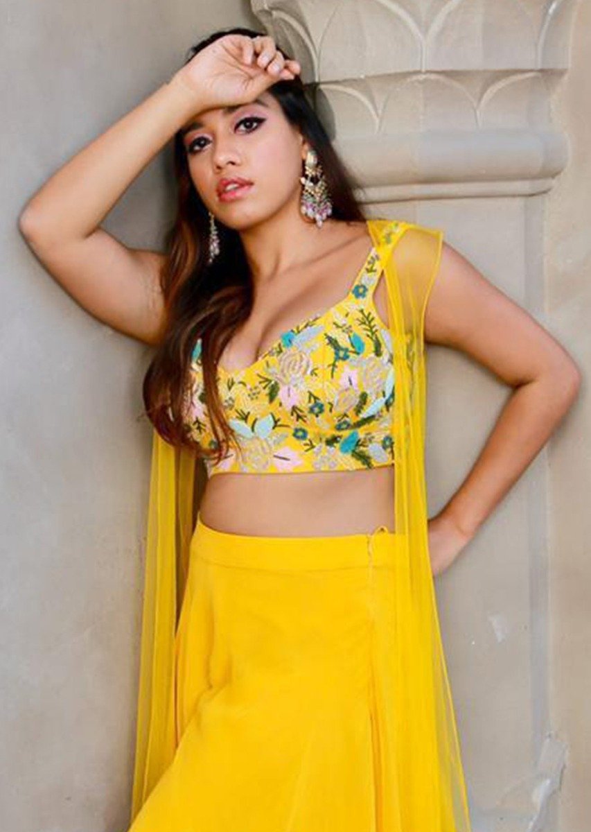 Pineapple Yellow Palazzo Suit With Embellished Crop Top And Jacket Online