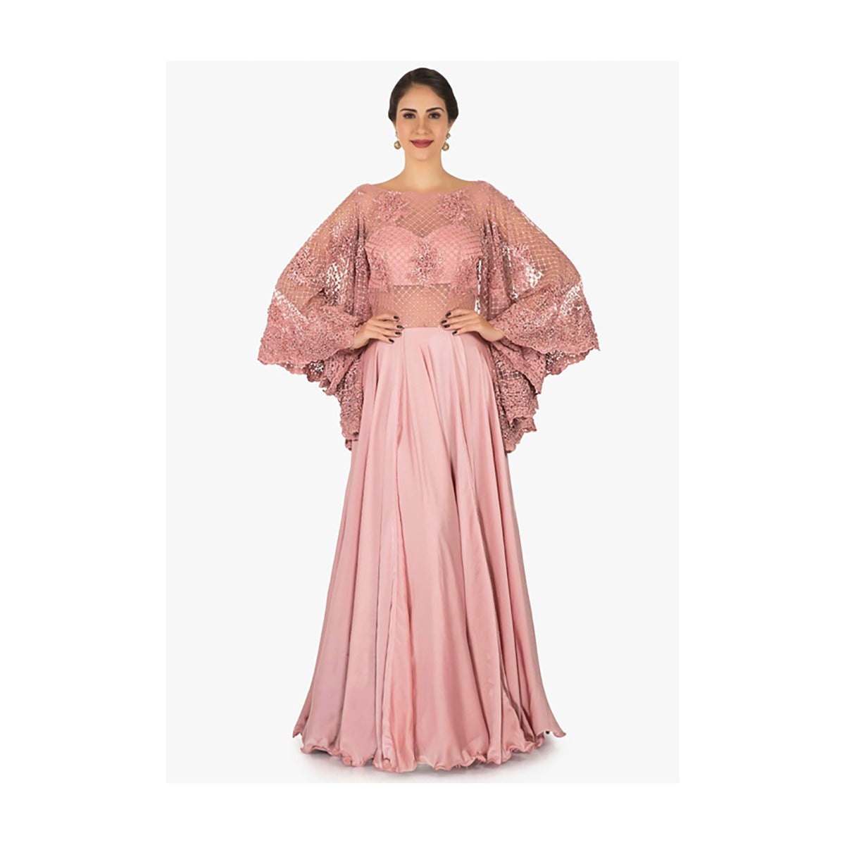 Pink Gown In Satin With Bell Sleeves Embroidered In Moti And Cord Work Online