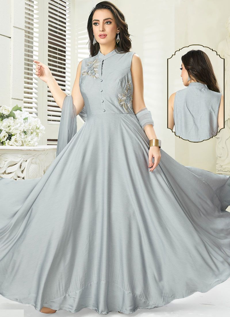 Readymade Gown Embroidered Art Silk In Grey