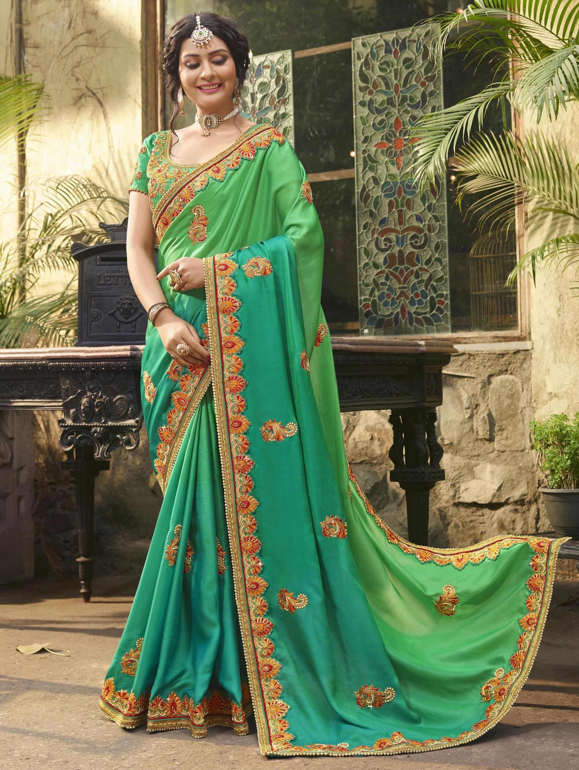 Green Shaded Silk Designer Embroidered Saree with Lace