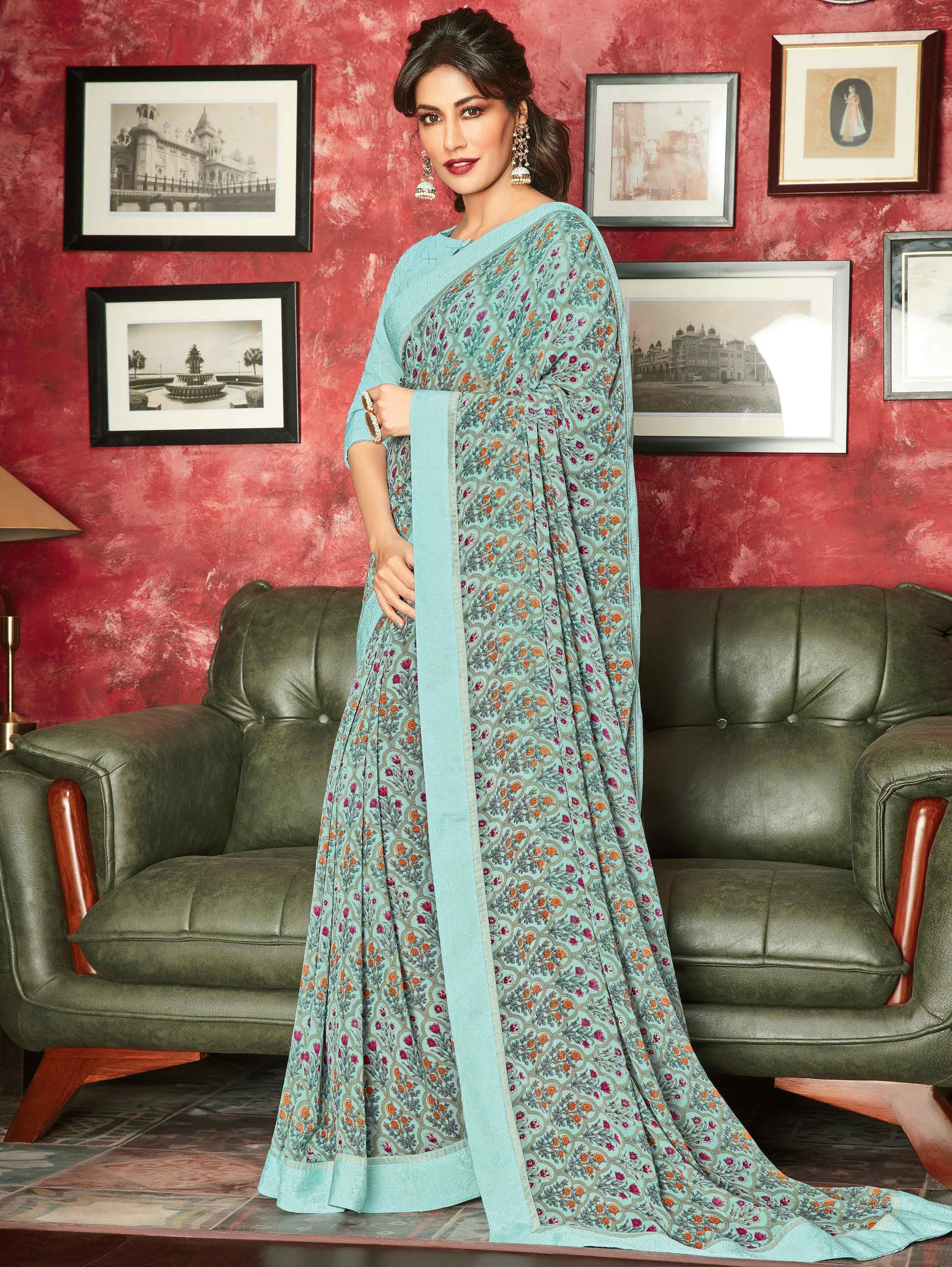 Chitrangada Singh Powder Blue Georgette Saree with Floral Print