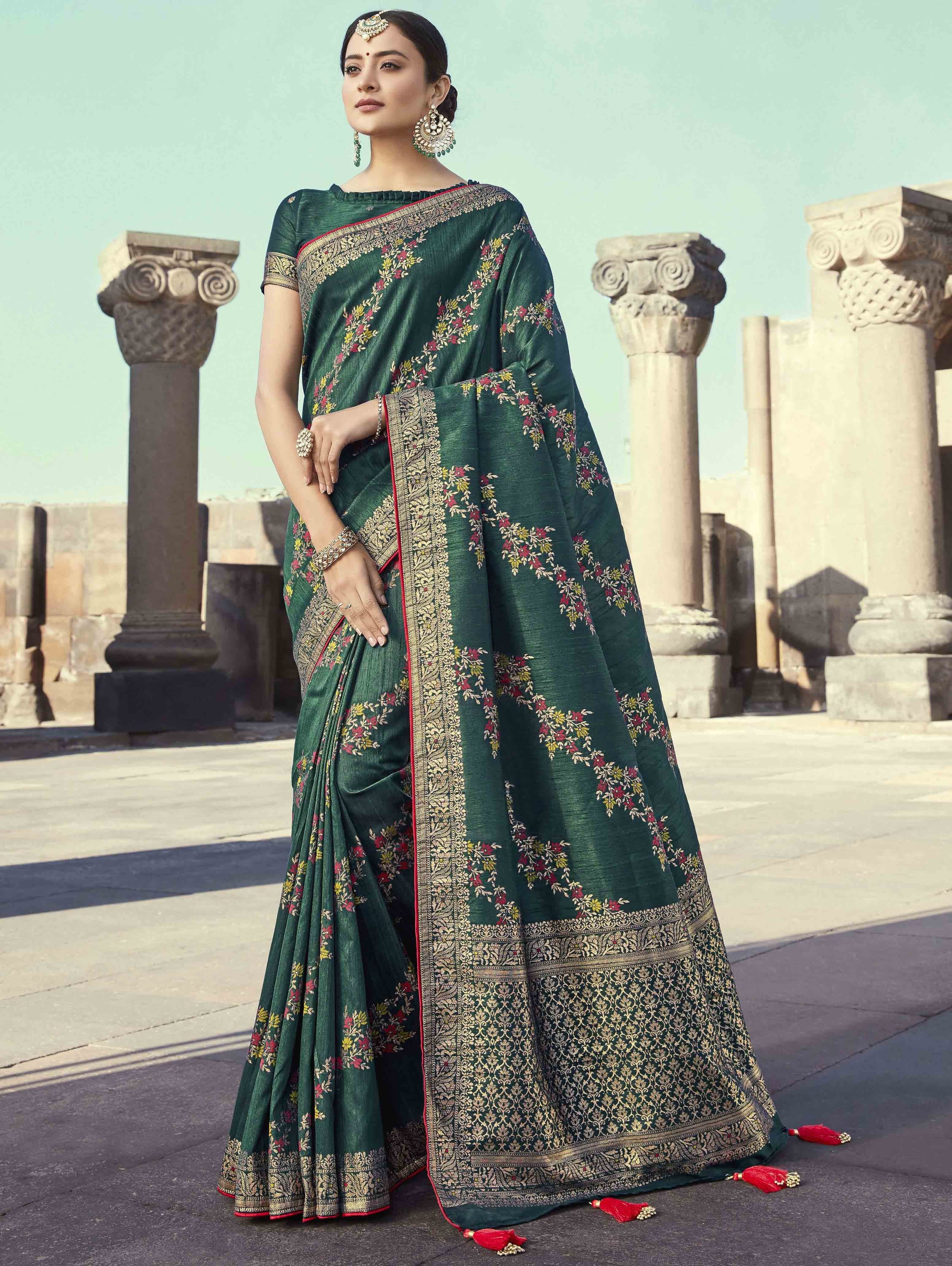 Dark Green Banarasi Silk Saree with Floral Weaving
