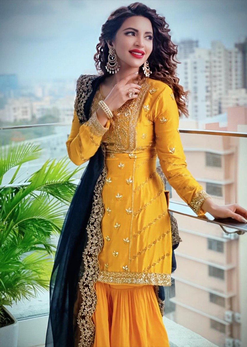Shama Sikander in Kalki Mustard Chanderi silk sharara suit set