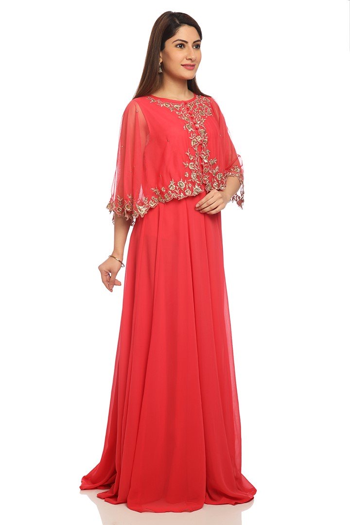 Coral Art Silk Party Wear Gown