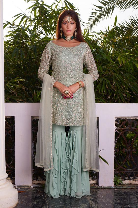 Coin Grey Stone Embroidered Net Palazzo Suit