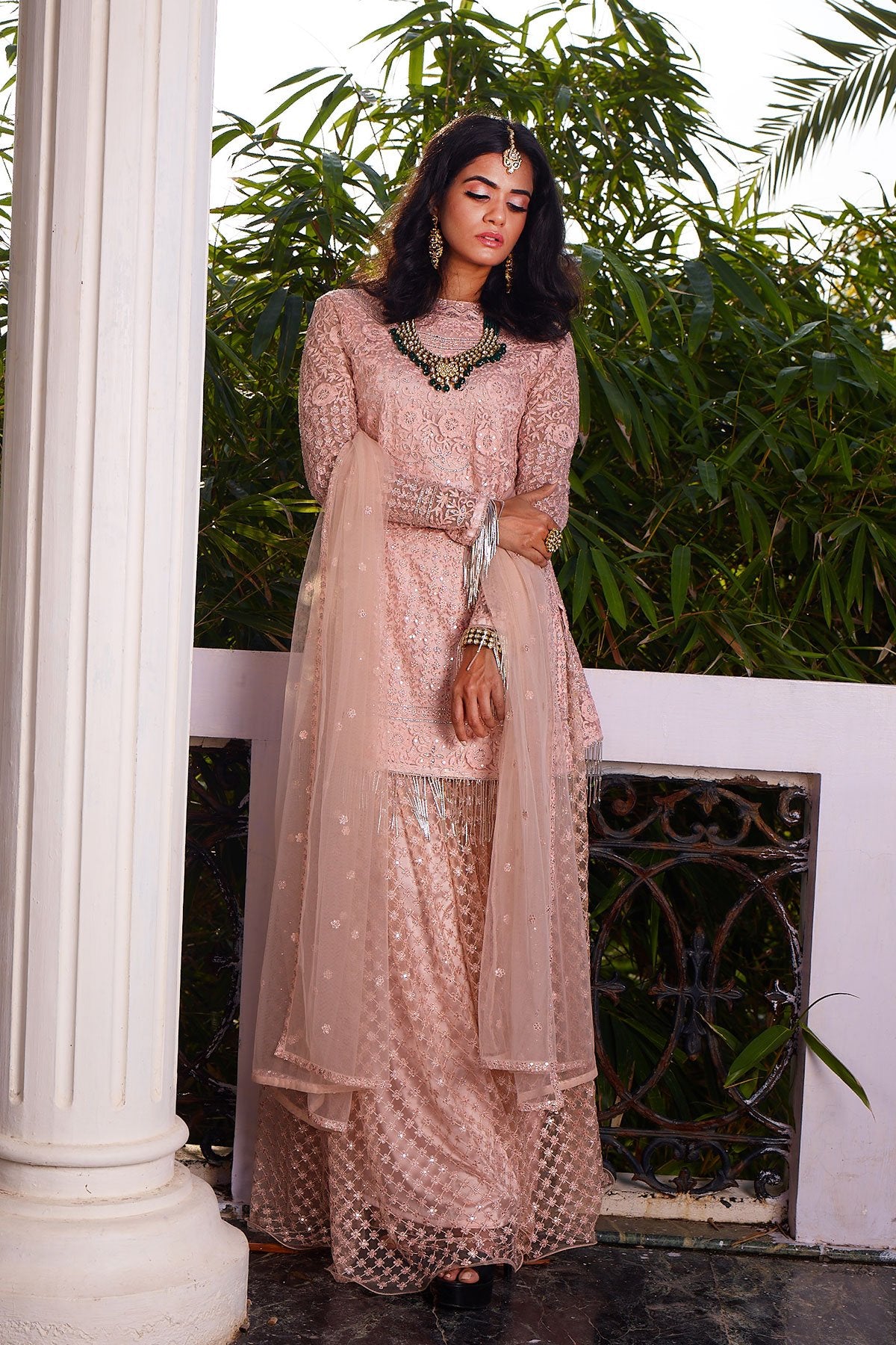 Peach Stone Embroidered Net Palazzo Suit
