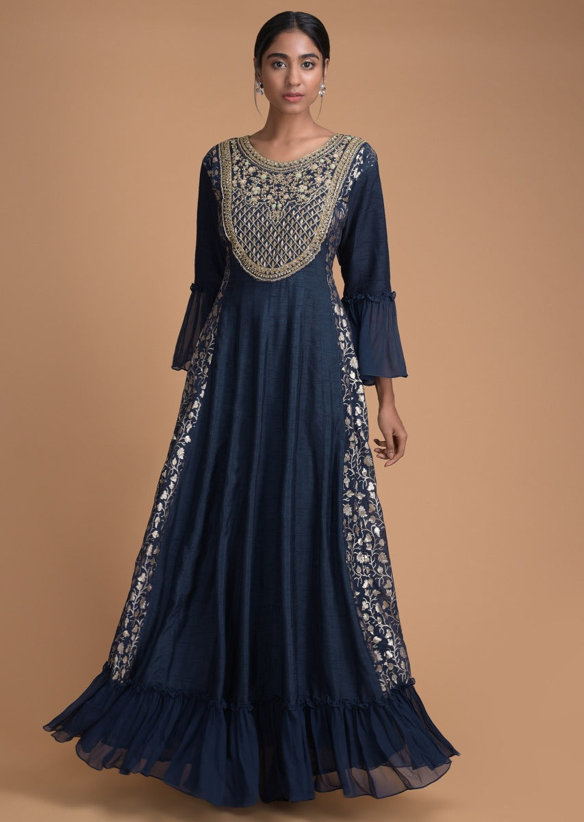 Space Blue Anarkali Dress With Embroidered Bodice And Weaved Panels Online