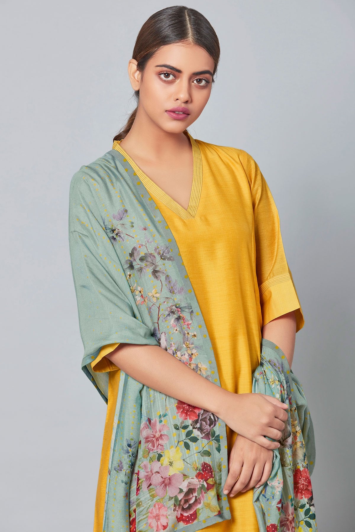 Canary Yellow Thread Embroidered Chanderi Silk Plazzo Suit