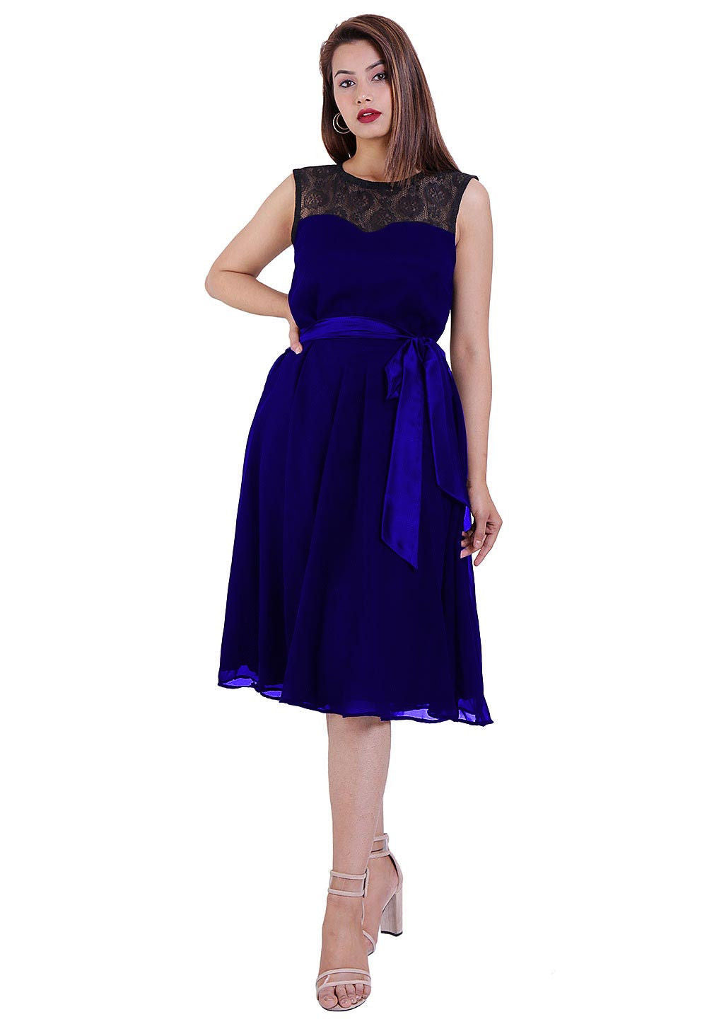 Woven Georgette Fit N Flare Dress in Royal Blue and Black