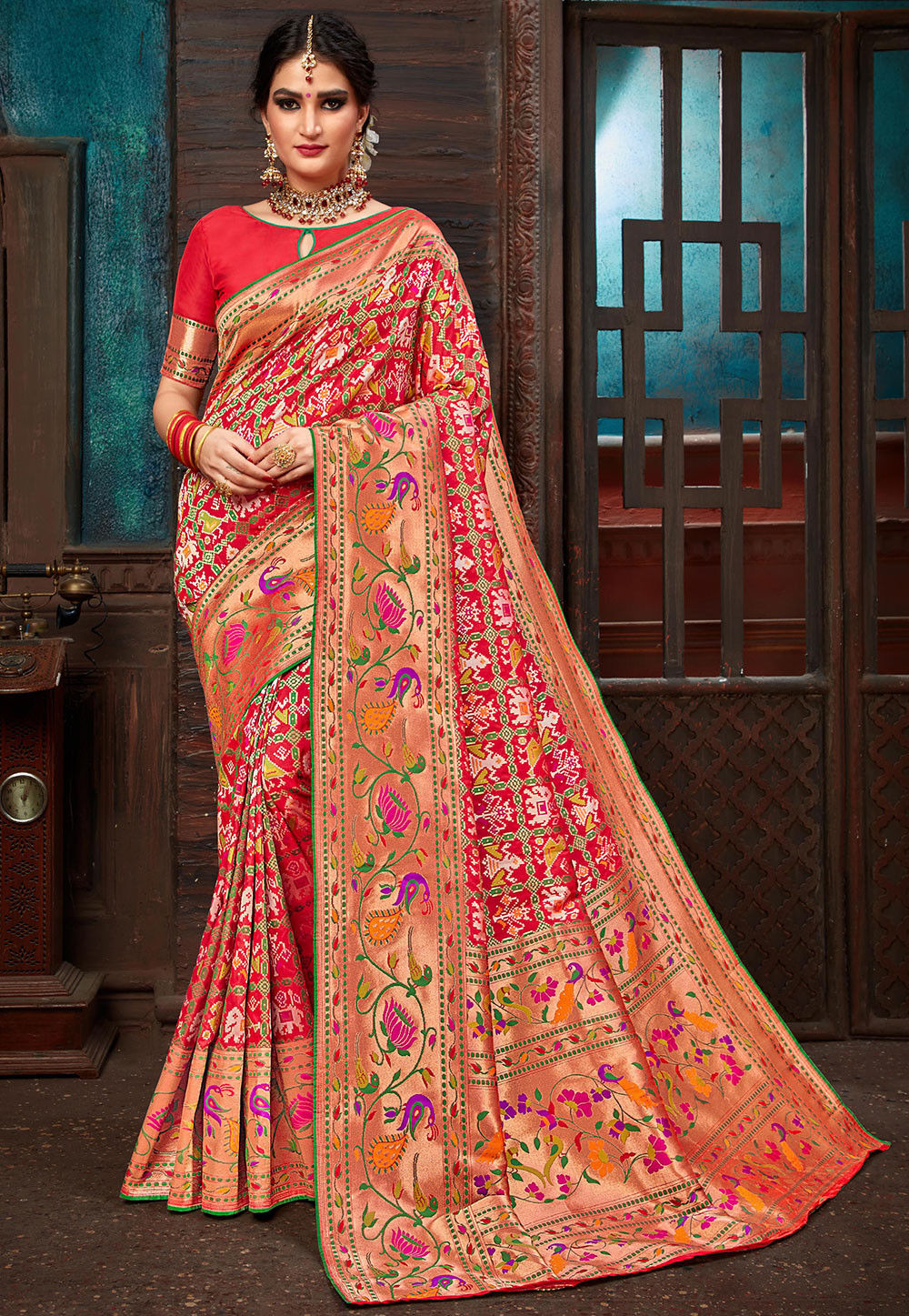 Woven Patola Silk Saree in Red