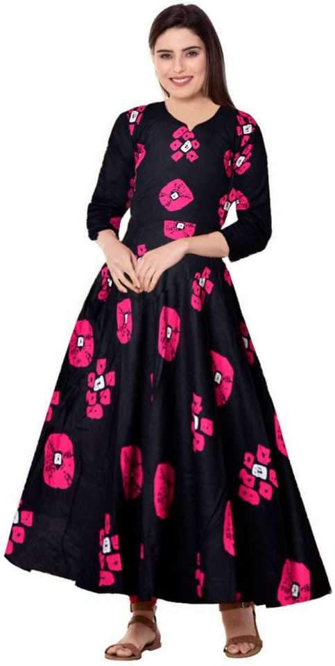 Women Printed Gown Rayon Kurta  (Black, Pink)