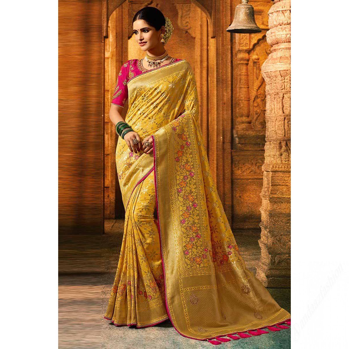 Yellow Banarasi Silk Saree With Banglori Silk Blouse