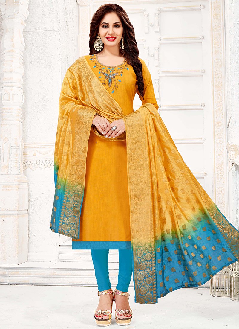 Yellow Embroidered Churidar Suit