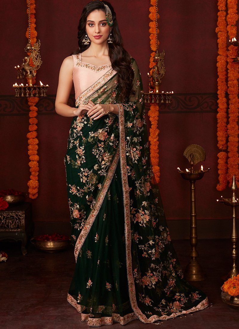Dark Green and Light Pink Embroidered Net Saree