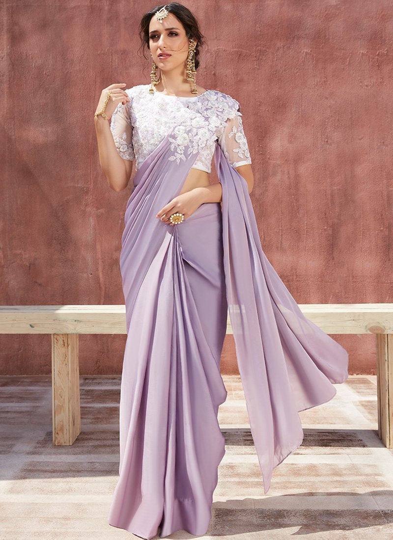 Dusty Purple Embroidered Satin Saree