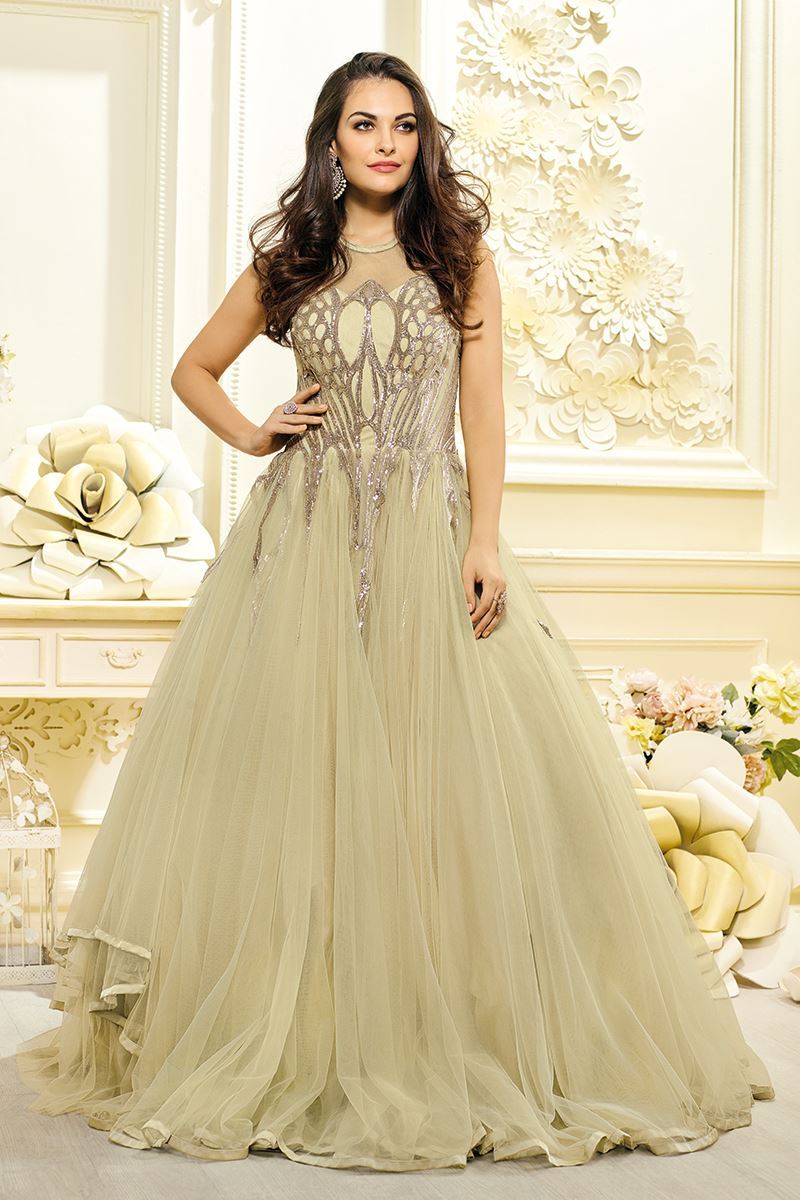 Regal beige net designer bridal gown