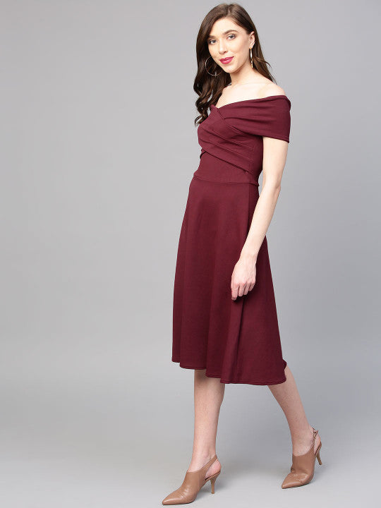Women Burgundy Solid Off-Shoulder Fit & Flare Dress