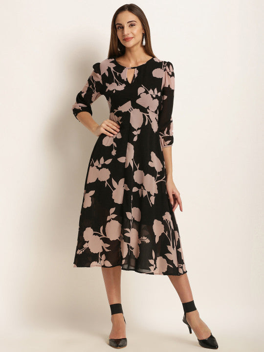Women Black Floral Print Fit and Flare Dress