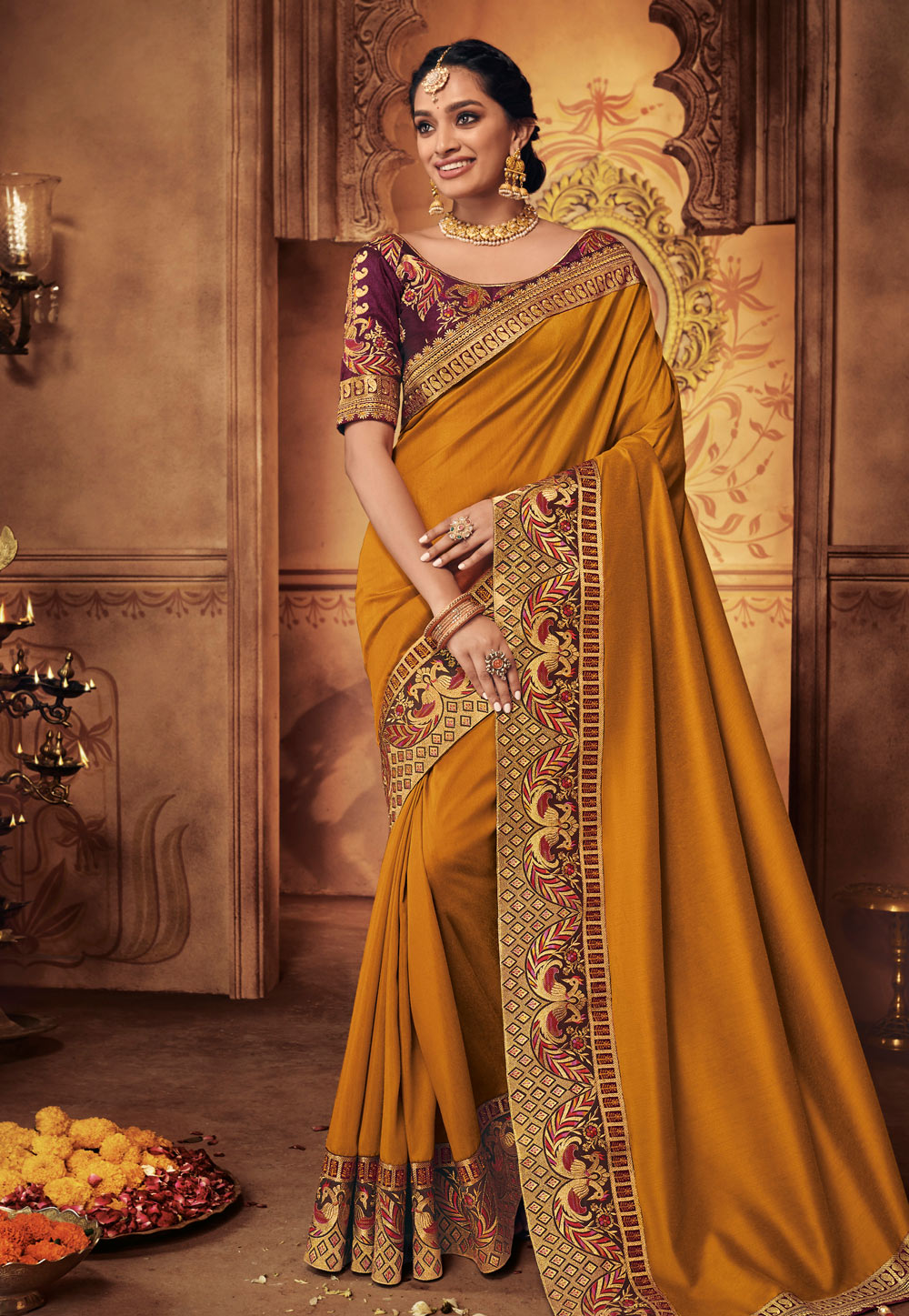 Mustard Silk Party Wear Saree