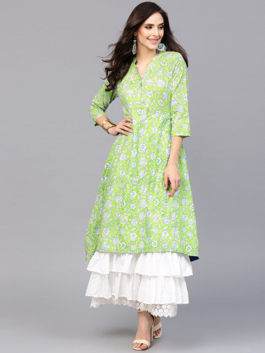 Women Green & White Printed Layered Maxi Dress