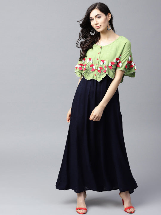 Women Navy Blue & Green Layered Maxi Dress
