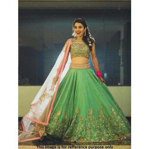 Lime Embroided Net And Art Silk Unstitched Ghagra-Choli
