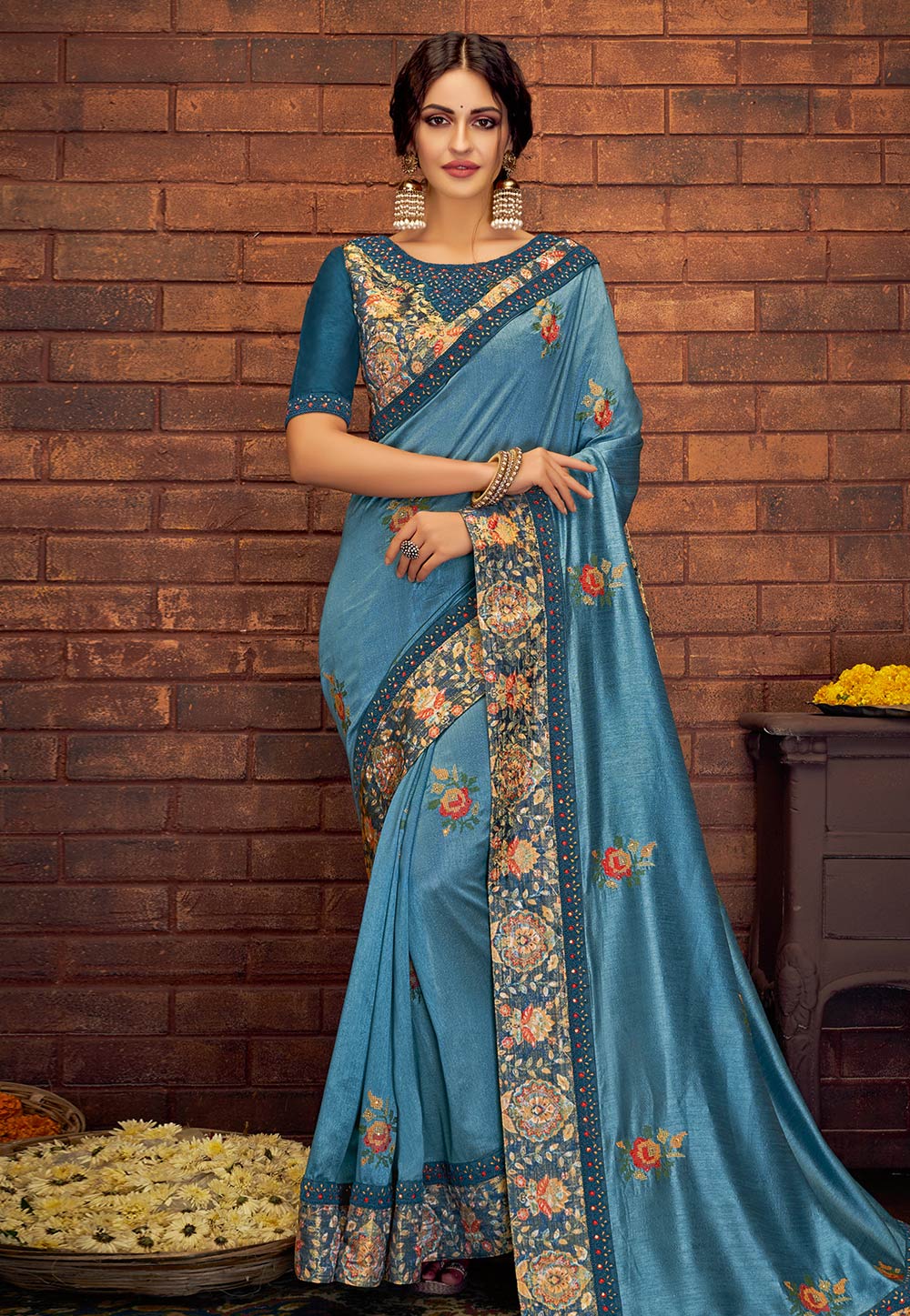 Blue Satin Silk Party Wear Saree