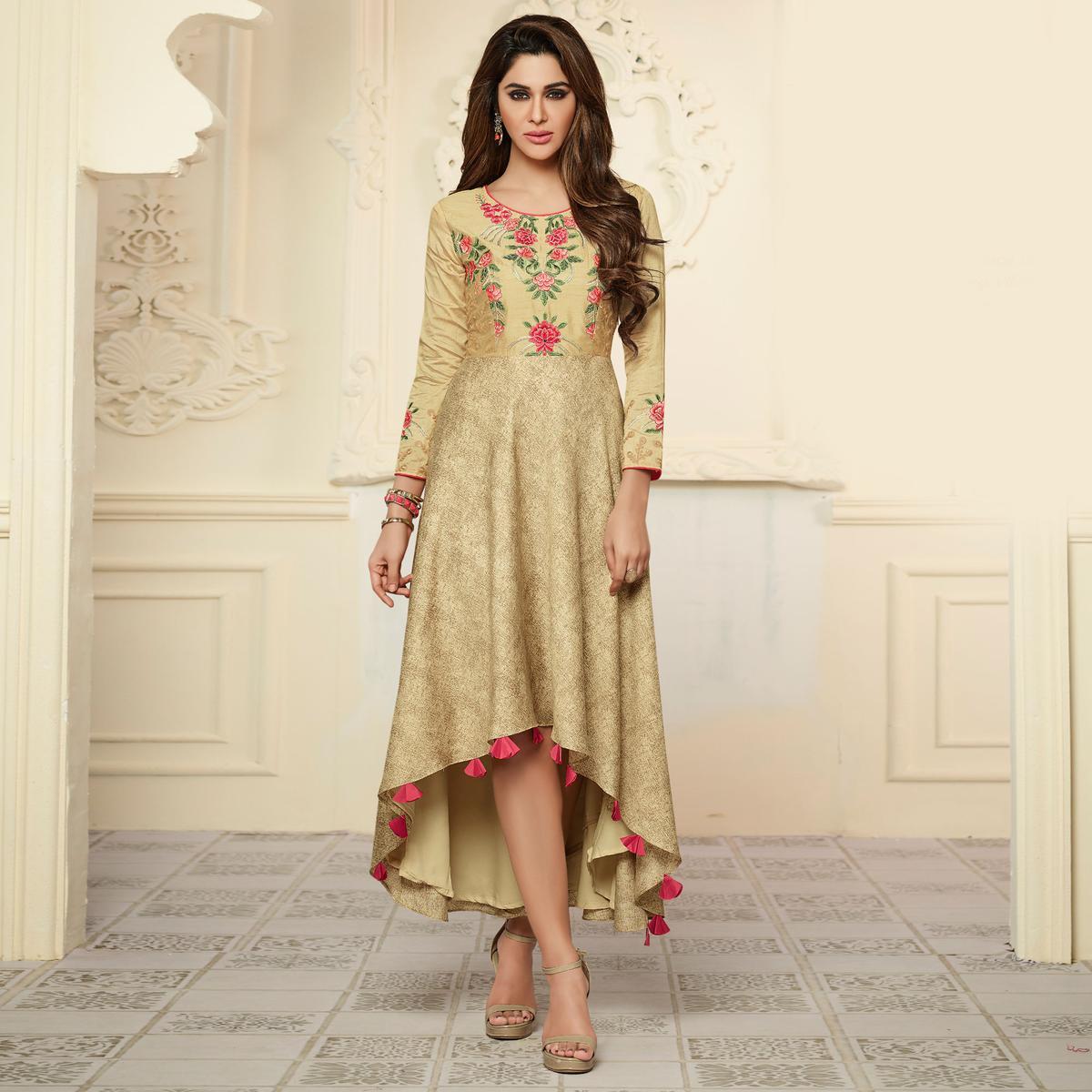 Refreshing Beige Colored Partywear Embroidered Rayon-Satin Long Kurti