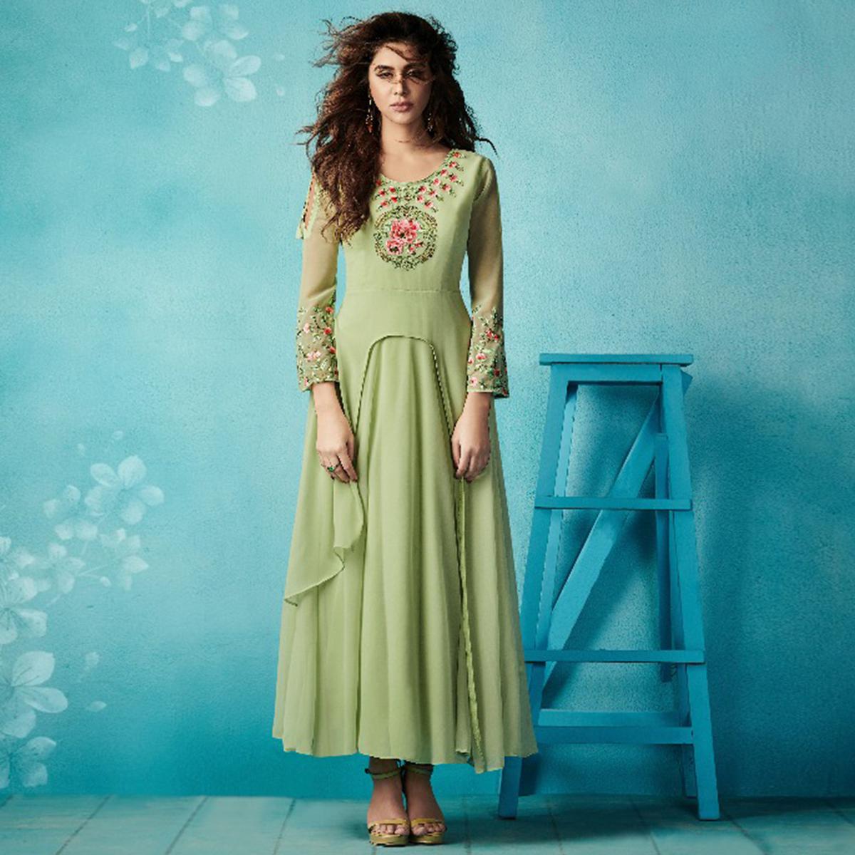 Pleasance Pista Green Colored Embroidered Party Wear Faux Georgette Kurti