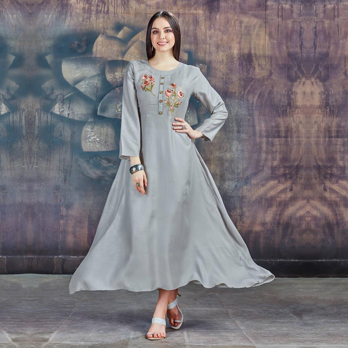 Trendy Gray Colored Partywear Embroidered Kurti