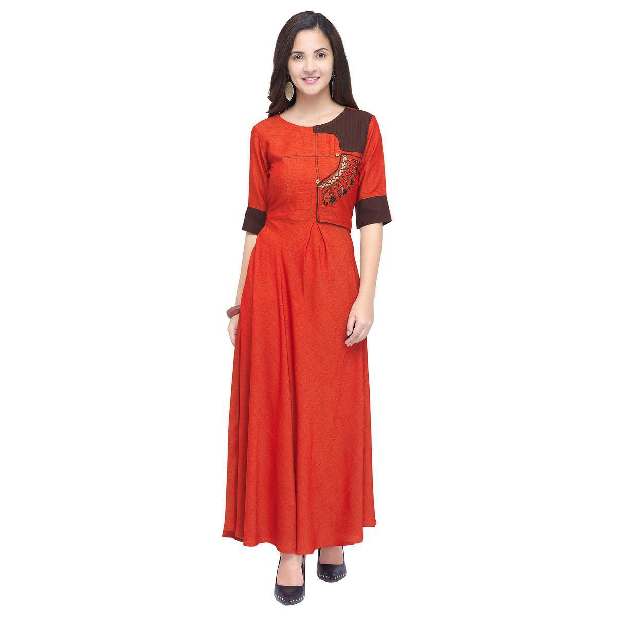 Mesmerising Orange Colored Partywear Heavy Rayon Fancy Kurti