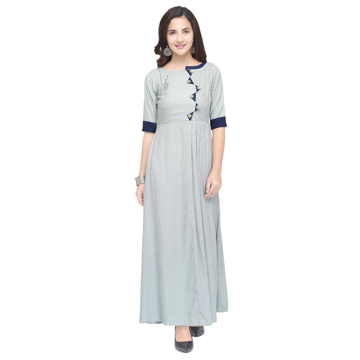 Ravishing Light Gray Colored Partywear Heavy Rayon Fancy Kurti