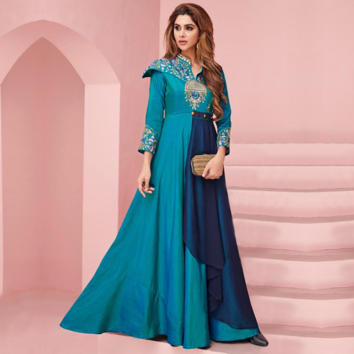 Starring Blue Colored Party Wear Embroidered Silk Gown