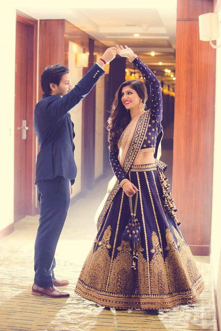 Designer Navy Blue Banglory Satin Lehenga Choli