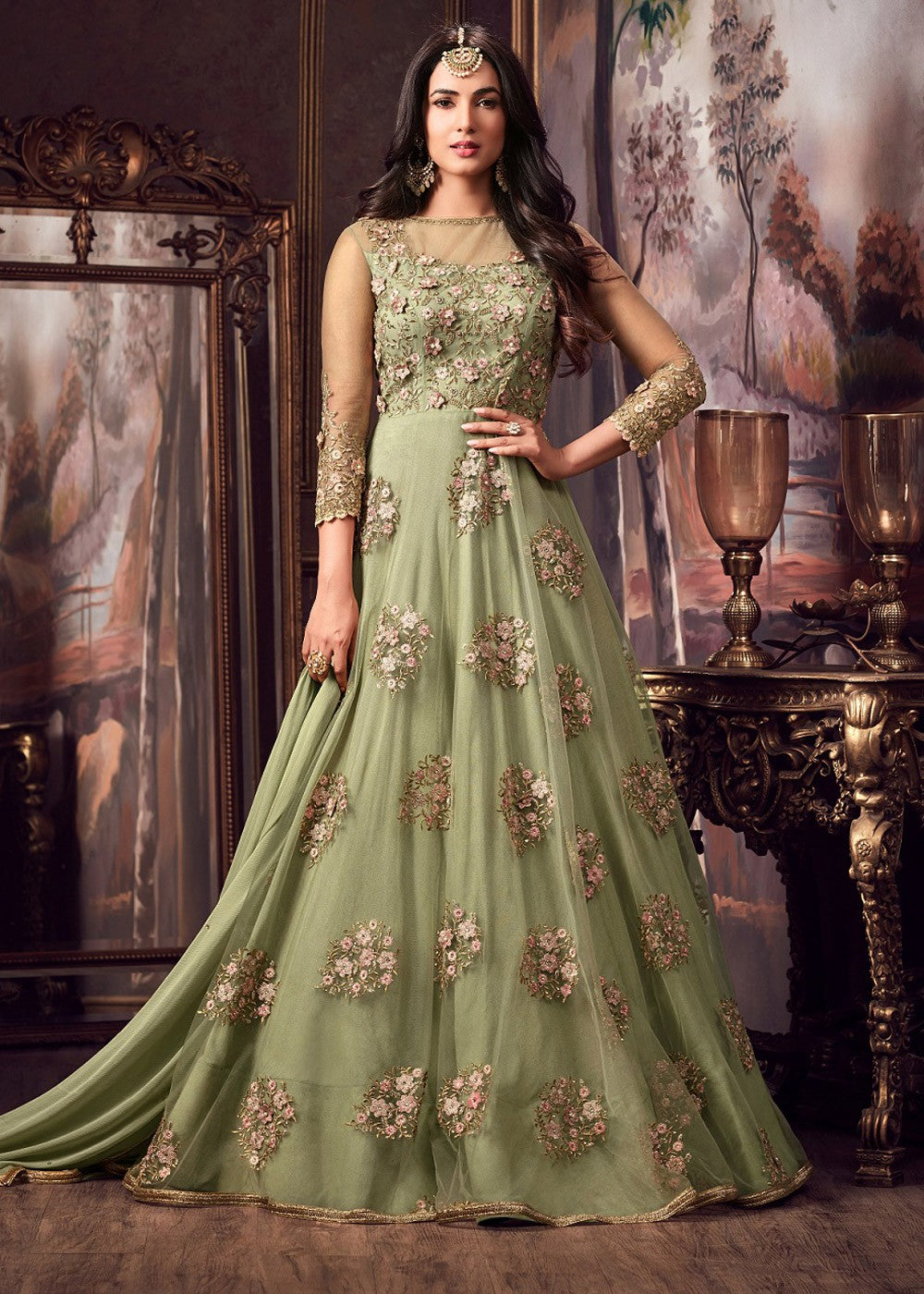 New Embroidery Green Anarkali Indian Dress