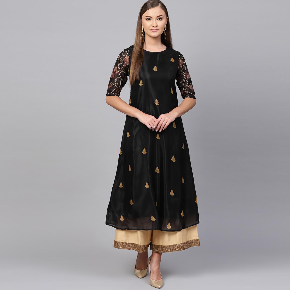Exceptional Black Colored Partywear Printed Crepe Kurti