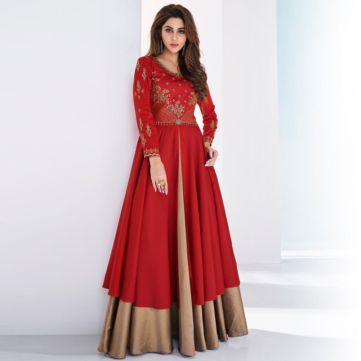 Opulent Red-Beige Colored Partywear Embroidered Silk-Tapetta Satin Gown