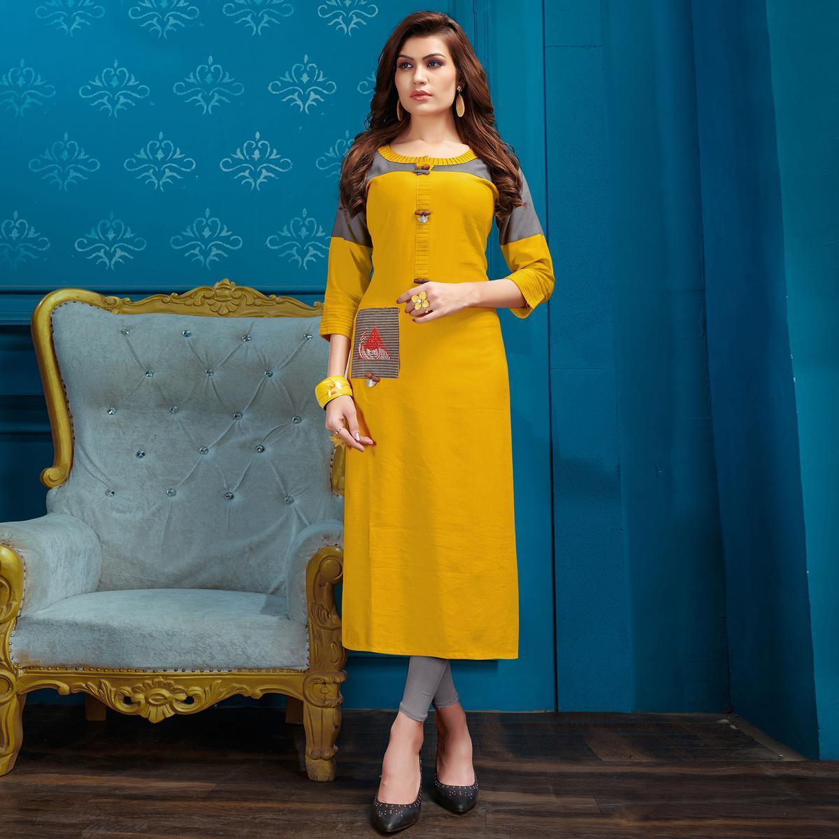 Glowing Yellow Colored Casual Wear Cotton Kurti