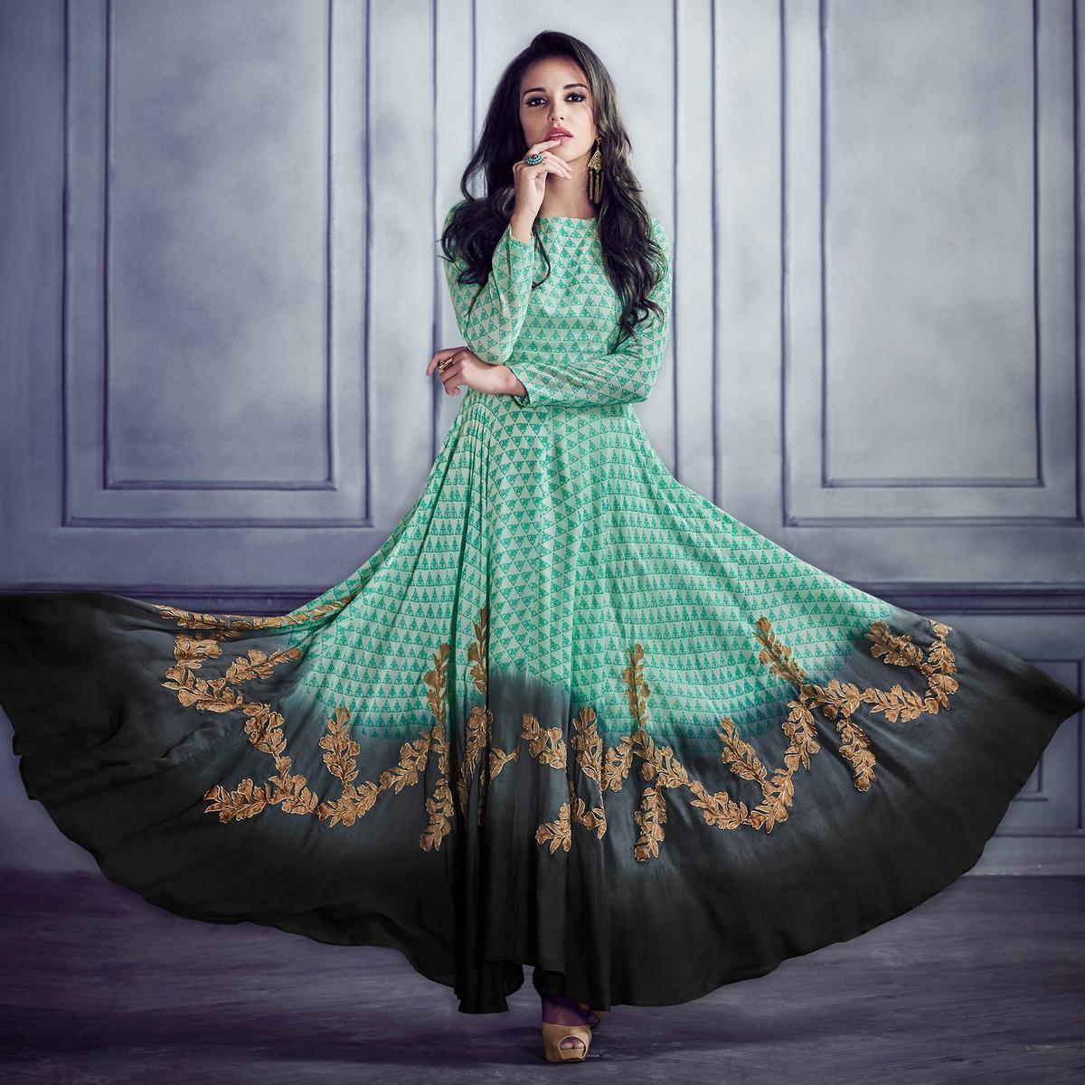 Gorgeous Green Colored Partywear Printed Rayon Gown