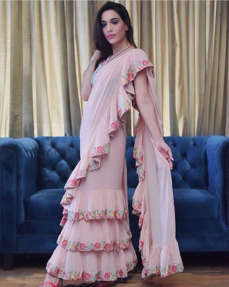 Peach Georgette Ruffle Saree With Embroidery Blouse