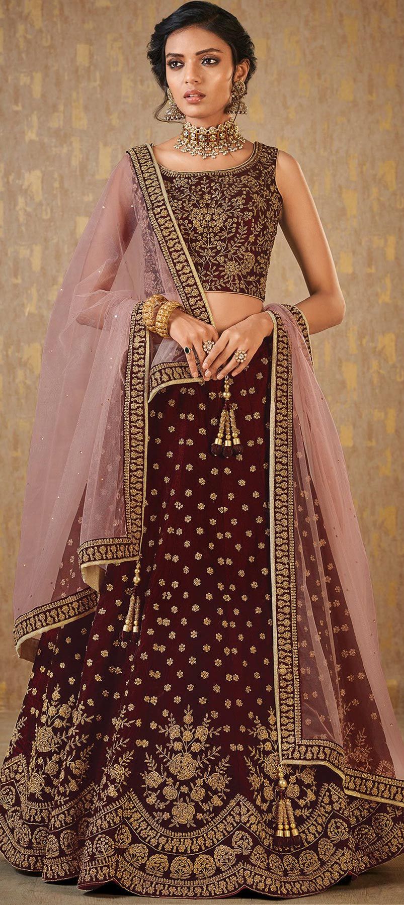 Mulberry Silk Reception Lehenga in Red and Maroon with Resham work