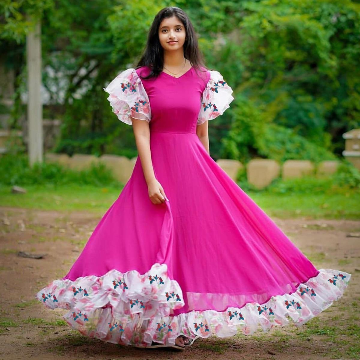 Eye-catching Pink Colored Partywear Ruffle Sleeved Georgette Gown