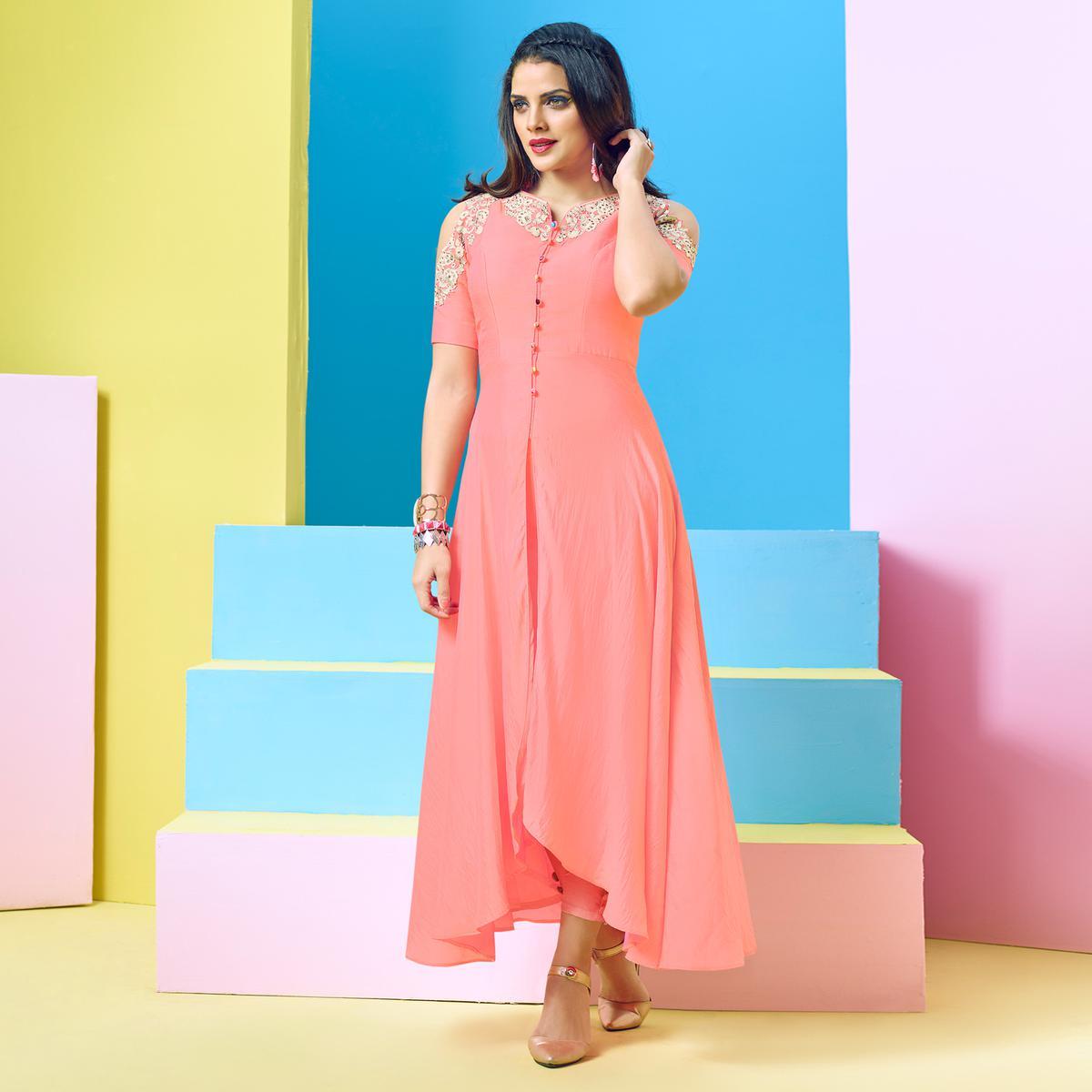 Intricate Pink Colored Party Wear Floral Embroidered Cotton Kurti