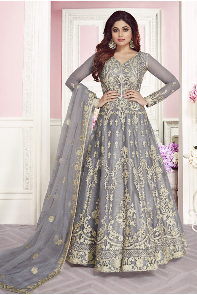 Samita Shetty Embroidered Grey Color Party Wear