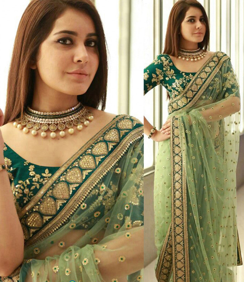 Latest New Trend Net Green Saree With Unstitched Blouse