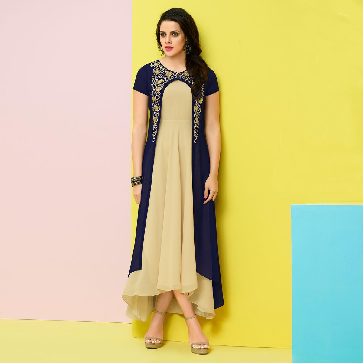 Groovy Navy Blue-Beige Colored Party Wear Embroidered Faux Georgette Kurti