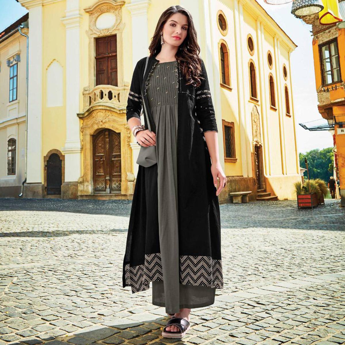 Flattering Grey-Black Colored Partywear Embroidered Rayon Long Kurti With Shrug