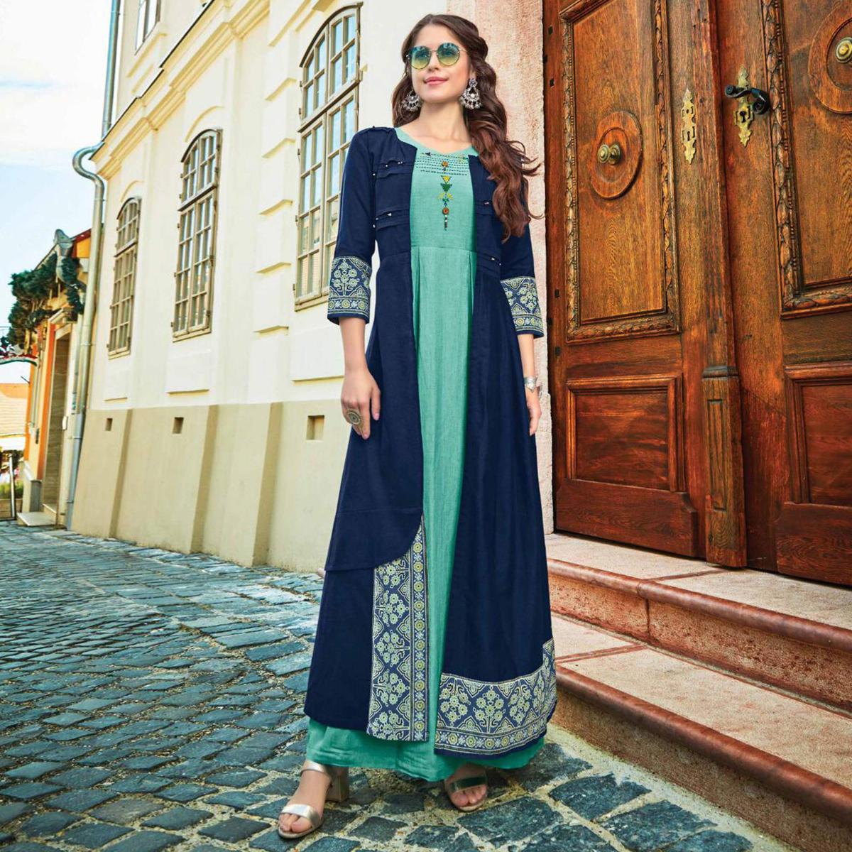 Preferable Aqua Green-Navy Blue Colored Partywear Embroidered Rayon Long Kurti With Shrug
